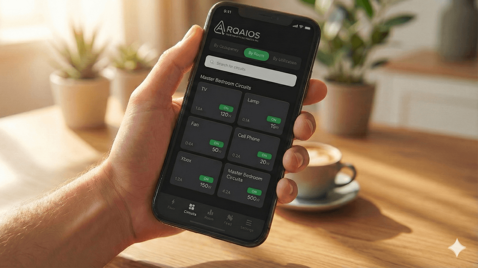 The ALLIE energy view on a phone: room-by-room consumption and occupancy